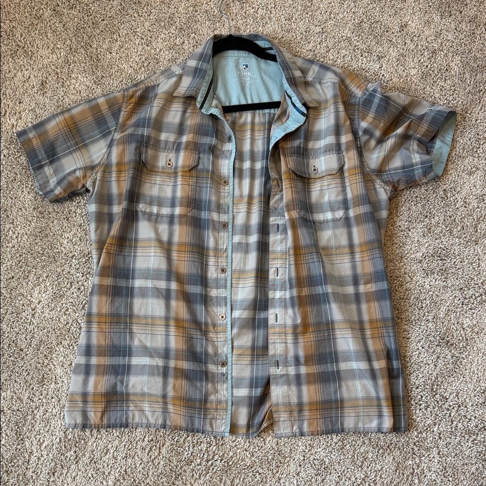 Kuhl Plaid Button-Down Shirt in Gray and Brown Large